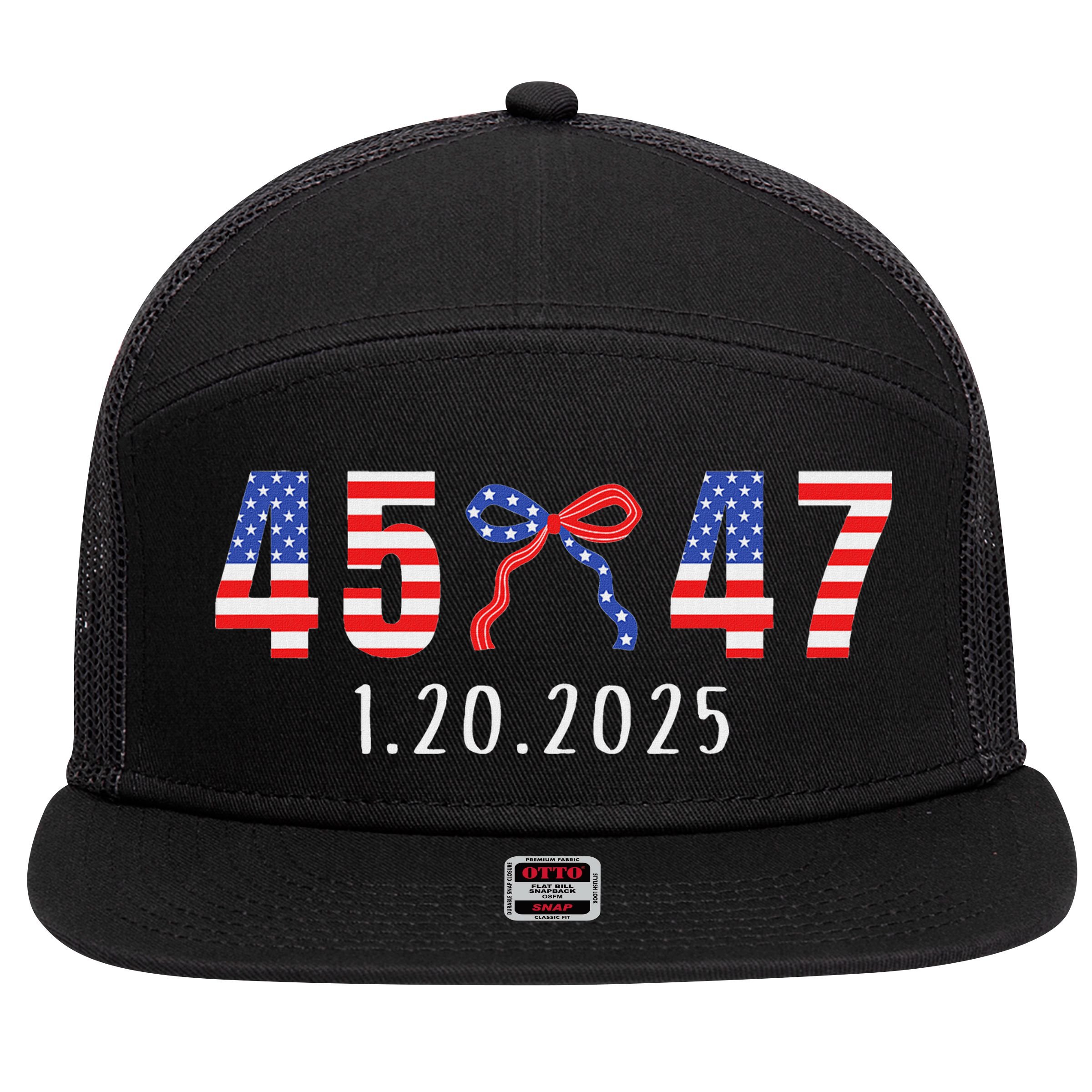 Donald Trump Inauguration Day 2025 45 47 American Flag Bow 7 Panel Mesh Trucker Snapback Hat