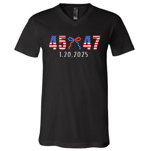 Donald Trump Inauguration Day 2025 45 47 American Flag Bow V-Neck T-Shirt