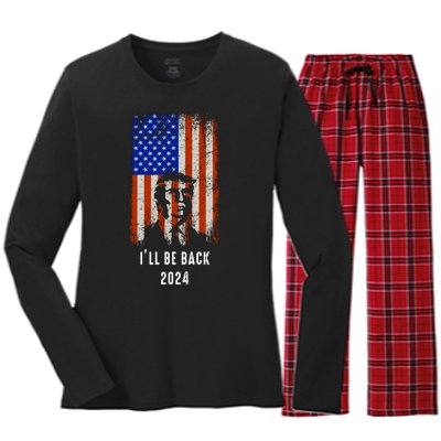 Donald Trump I'll Be Back Trump 2024 Vintage Flag Women's Long Sleeve Flannel Pajama Set 