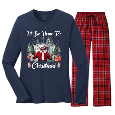 Donald Trump Ill Be Home For Christmas Santa White House Women's Long Sleeve Flannel Pajama Set 