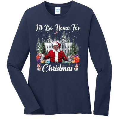 Donald Trump Ill Be Home For Christmas Santa White House Ladies Long Sleeve Shirt