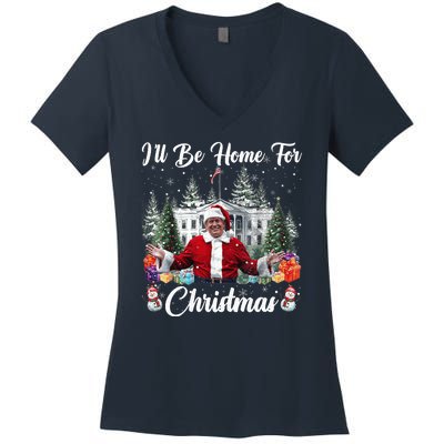 Donald Trump Ill Be Home For Christmas Santa White House Women's V-Neck T-Shirt