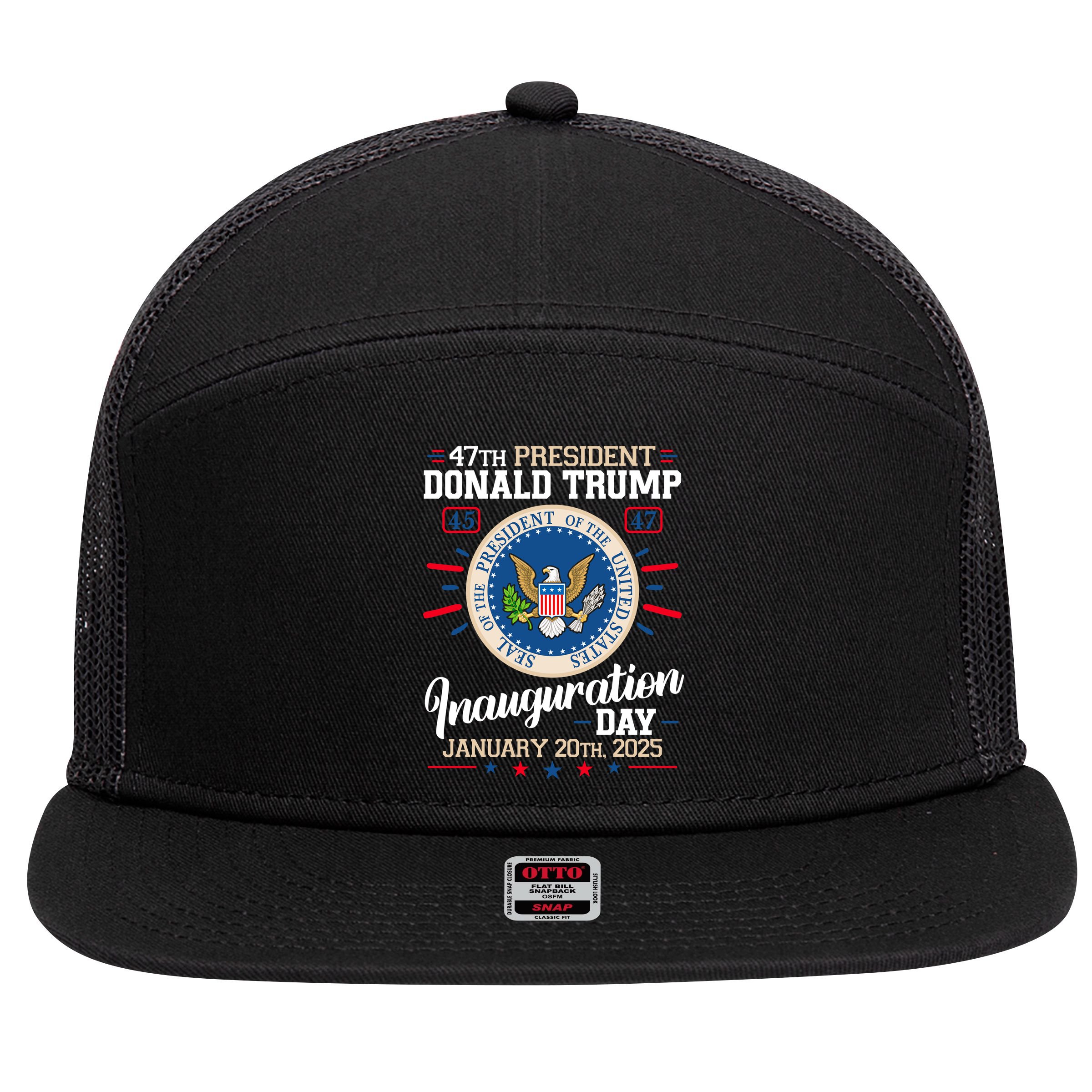 Donald Trump Inauguration Day 2025 7 Panel Mesh Trucker Snapback Hat