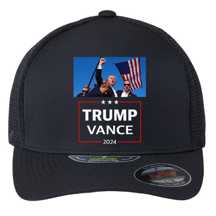 Donald Trump J.D. Vance 2024 Election Rally Campaign Event Flexfit Unipanel Trucker Cap