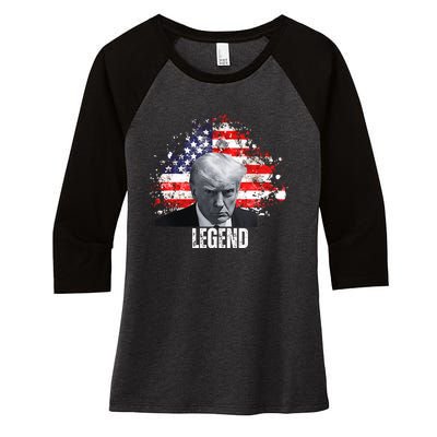 Donald Trump Legend Mug Shot American Flag Women's Tri-Blend 3/4-Sleeve Raglan Shirt