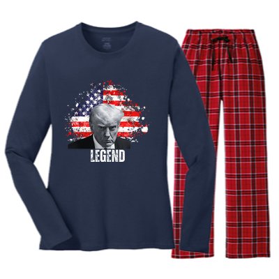 Donald Trump Legend Mug Shot American Flag Women's Long Sleeve Flannel Pajama Set 