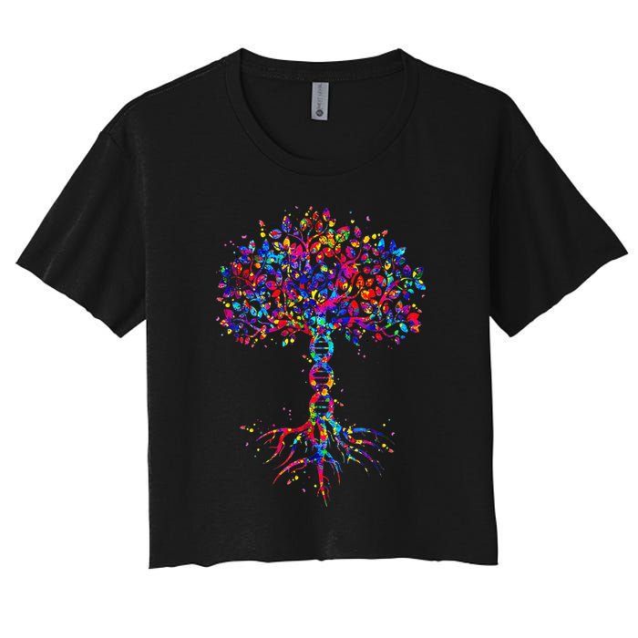 DNA Tree Life Watercolor Genetic Biologist Science Earth Day Women's Crop Top Tee