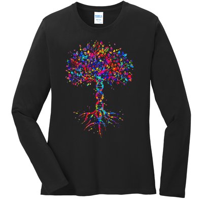 DNA Tree Life Watercolor Genetic Biologist Science Earth Day Ladies Long Sleeve Shirt