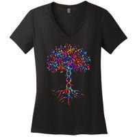 DNA Tree Life Watercolor Genetic Biologist Science Earth Day Women's V-Neck T-Shirt