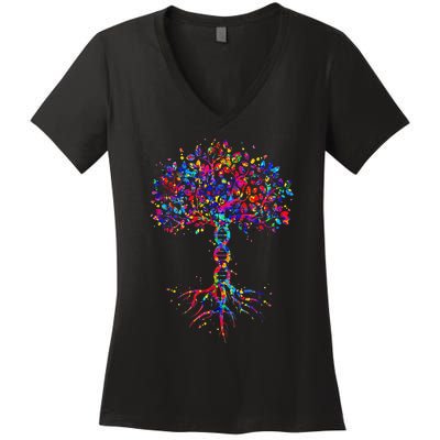 DNA Tree Life Watercolor Genetic Biologist Science Earth Day Women's V-Neck T-Shirt