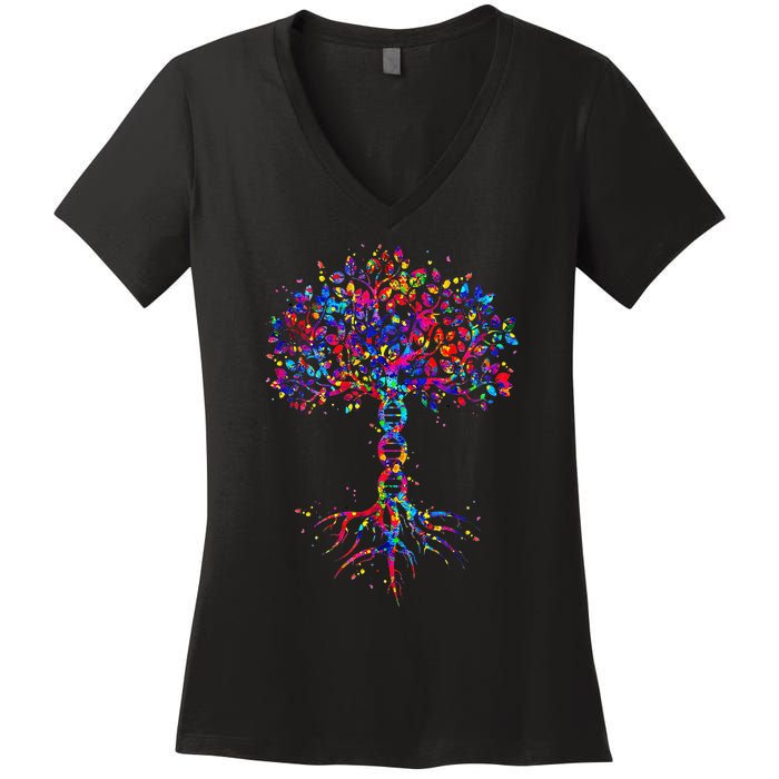 DNA Tree Life Watercolor Genetic Biologist Science Earth Day Women's V-Neck T-Shirt