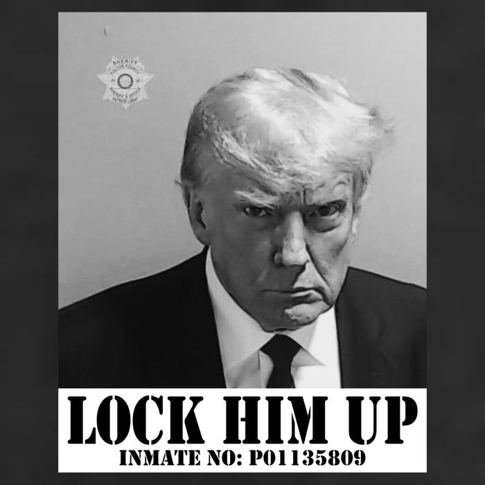 Donald Trump Lock Him Up Inmate Mugshot 7 Panel Mesh Trucker Snapback Hat