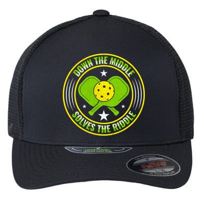 Down The Middle Solves The Riddle Funny Pickleball Flexfit Unipanel Trucker Cap