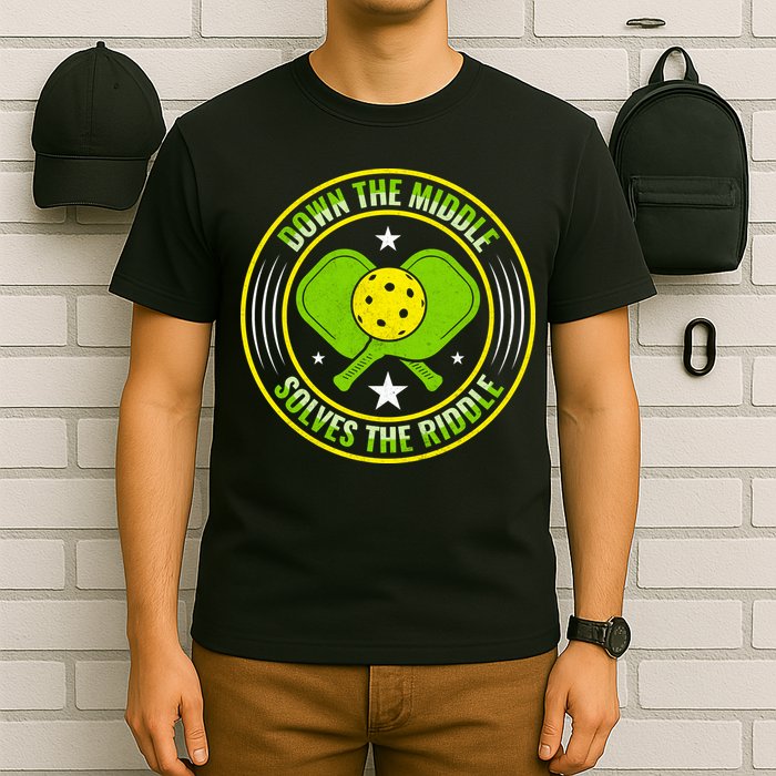 Down The Middle Solves The Riddle Funny Pickleball T-Shirt