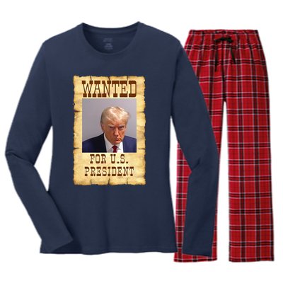 DONALD TRUMP MUG SHOT WANTED SIGN Women's Long Sleeve Flannel Pajama Set 