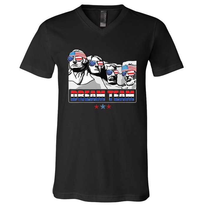 Dream Team Mount Rushmore Presidents 4th Of July Patriotic V-Neck T-Shirt