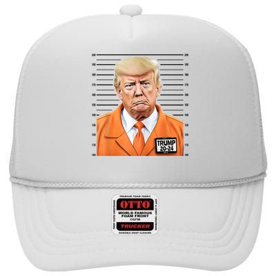 Donald Trump Mug Shot 2024 Orange Jail Suit High Crown Mesh Back Trucker Hat