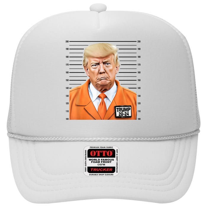 Donald Trump Mug Shot 2024 Orange Jail Suit High Crown Mesh Back Trucker Hat