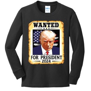 Donald Trump Mug Shot Wanted For Us President 2024 Kids Long Sleeve Shirt