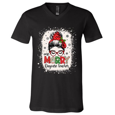 Daycare Teacher Messy Bun Preschool Christmas V-Neck T-Shirt