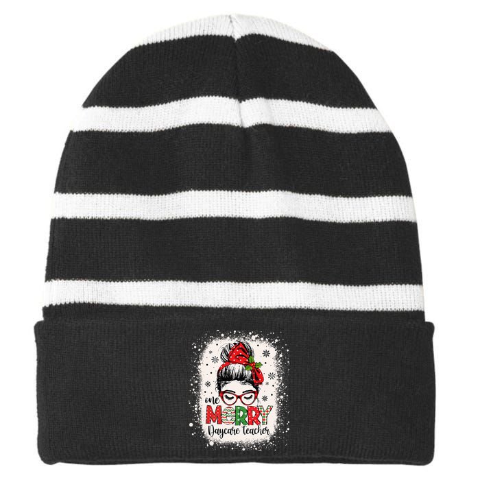 Daycare Teacher Messy Bun Preschool Christmas Striped Beanie with Solid Band