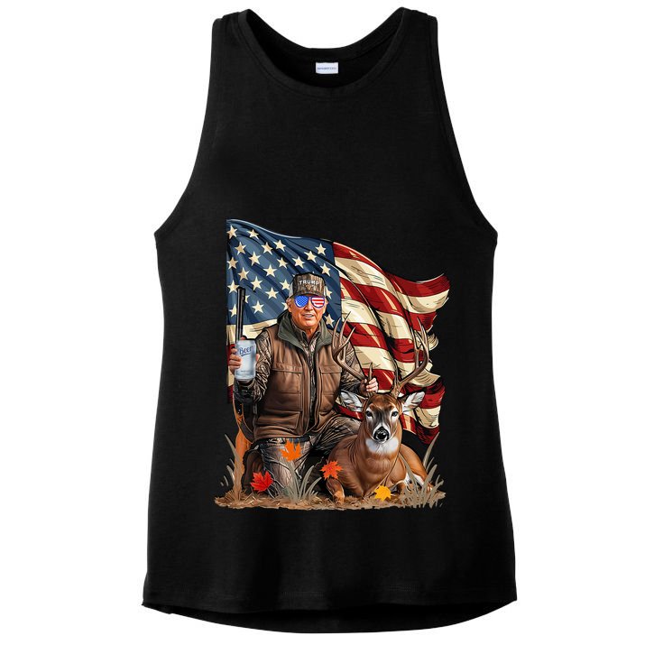 Donald Trump Maga Deer Hunting Parotic American Flag Ladies PosiCharge Tri-Blend Wicking Tank