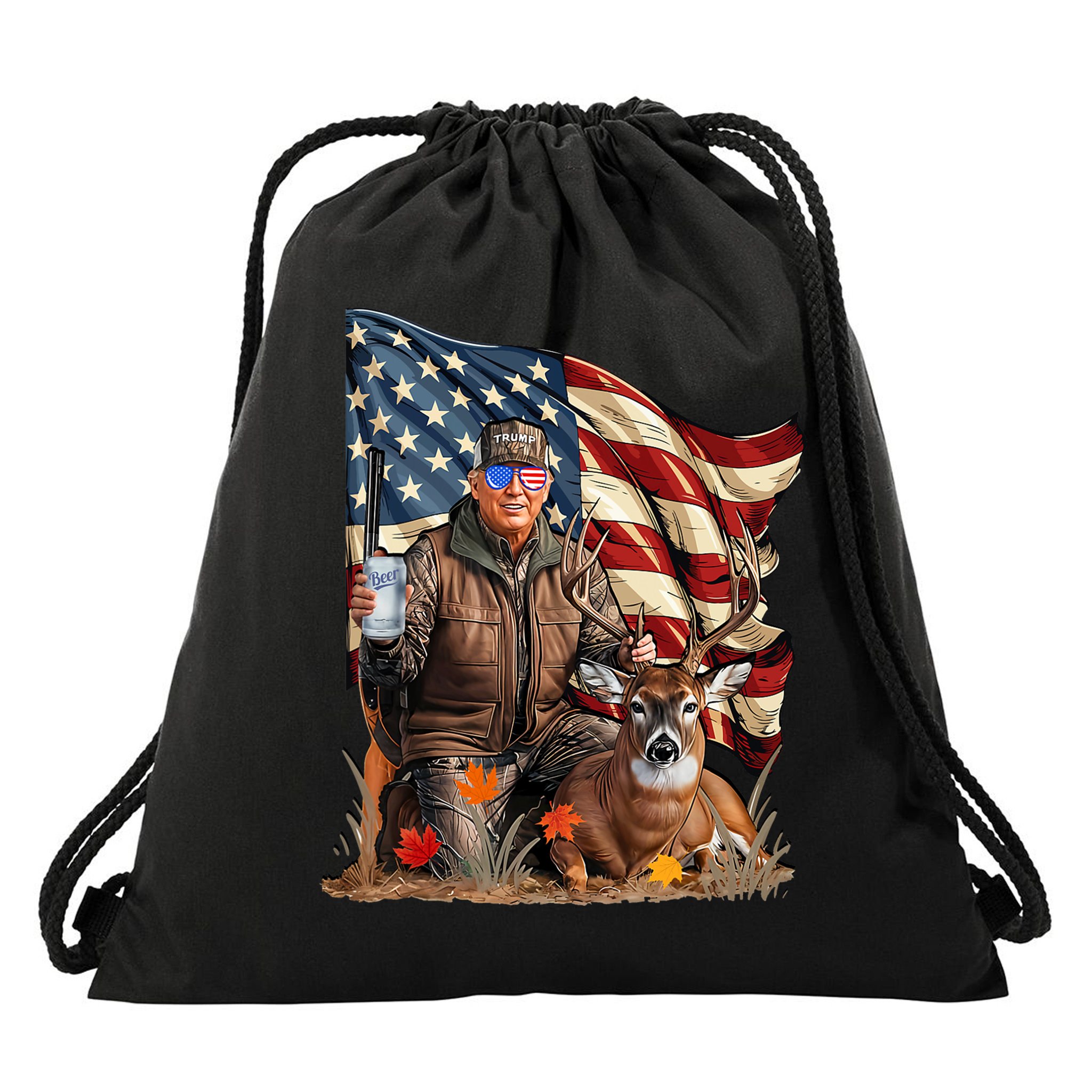 Donald Trump Maga Deer Hunting Parotic American Flag Drawstring Bag