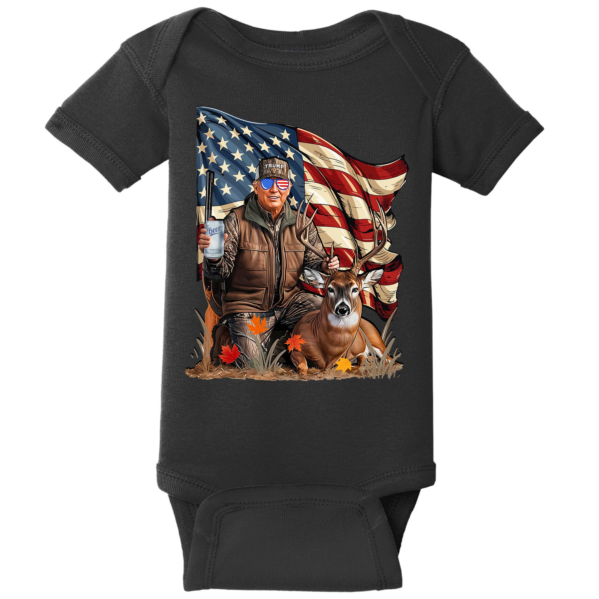 Donald Trump Maga Deer Hunting Parotic American Flag Baby Bodysuit