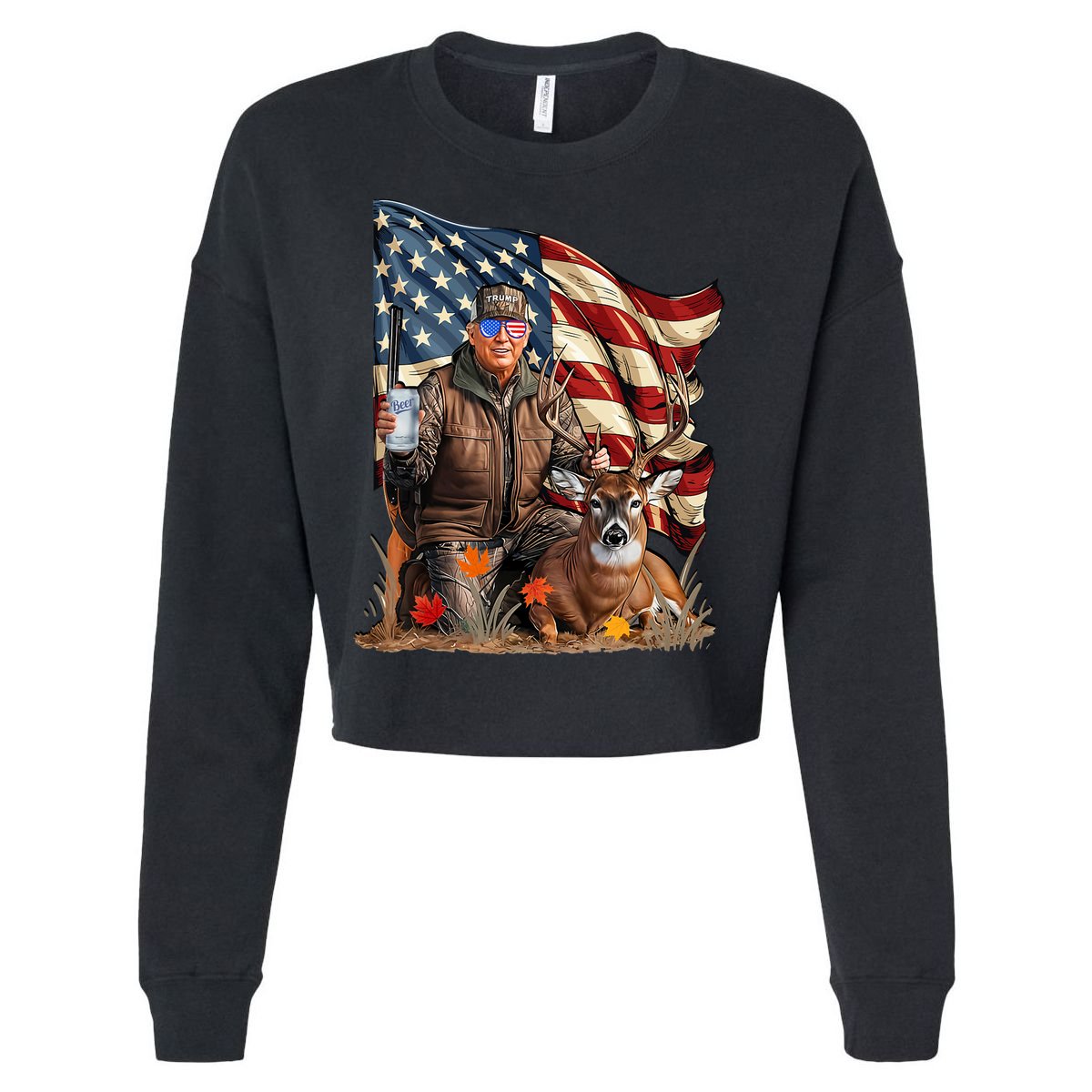 Donald Trump Maga Deer Hunting Parotic American Flag Cropped Pullover Crew