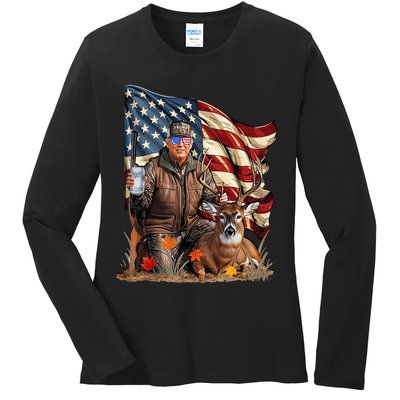 Donald Trump Maga Deer Hunting Parotic American Flag Ladies Long Sleeve Shirt