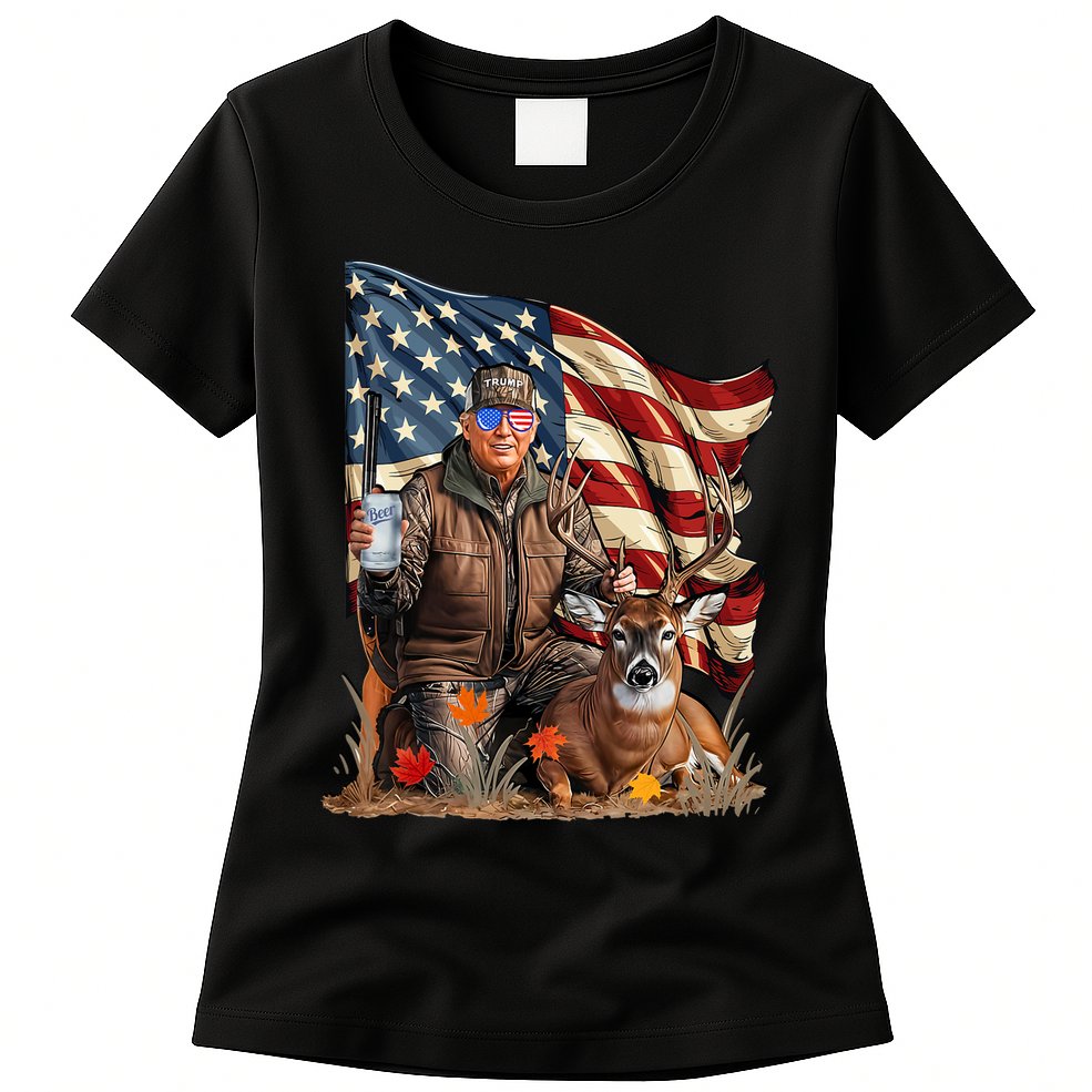 Donald Trump Maga Deer Hunting Parotic American Flag Womens T-Shirt