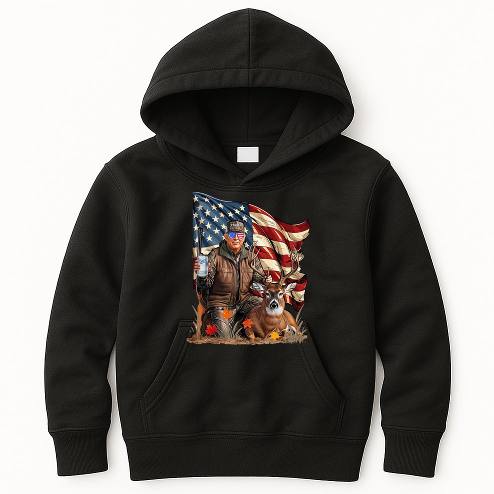 Donald Trump Maga Deer Hunting Parotic American Flag Kids Hoodie