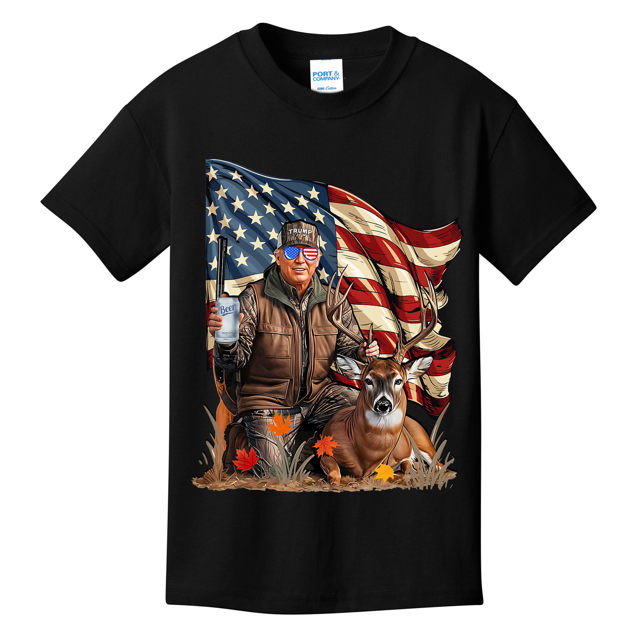 Donald Trump Maga Deer Hunting Parotic American Flag Kids T-Shirt
