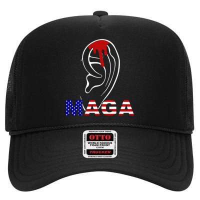 Donald Trump Maga Gun Shot To The Ear High Crown Mesh Back Trucker Hat