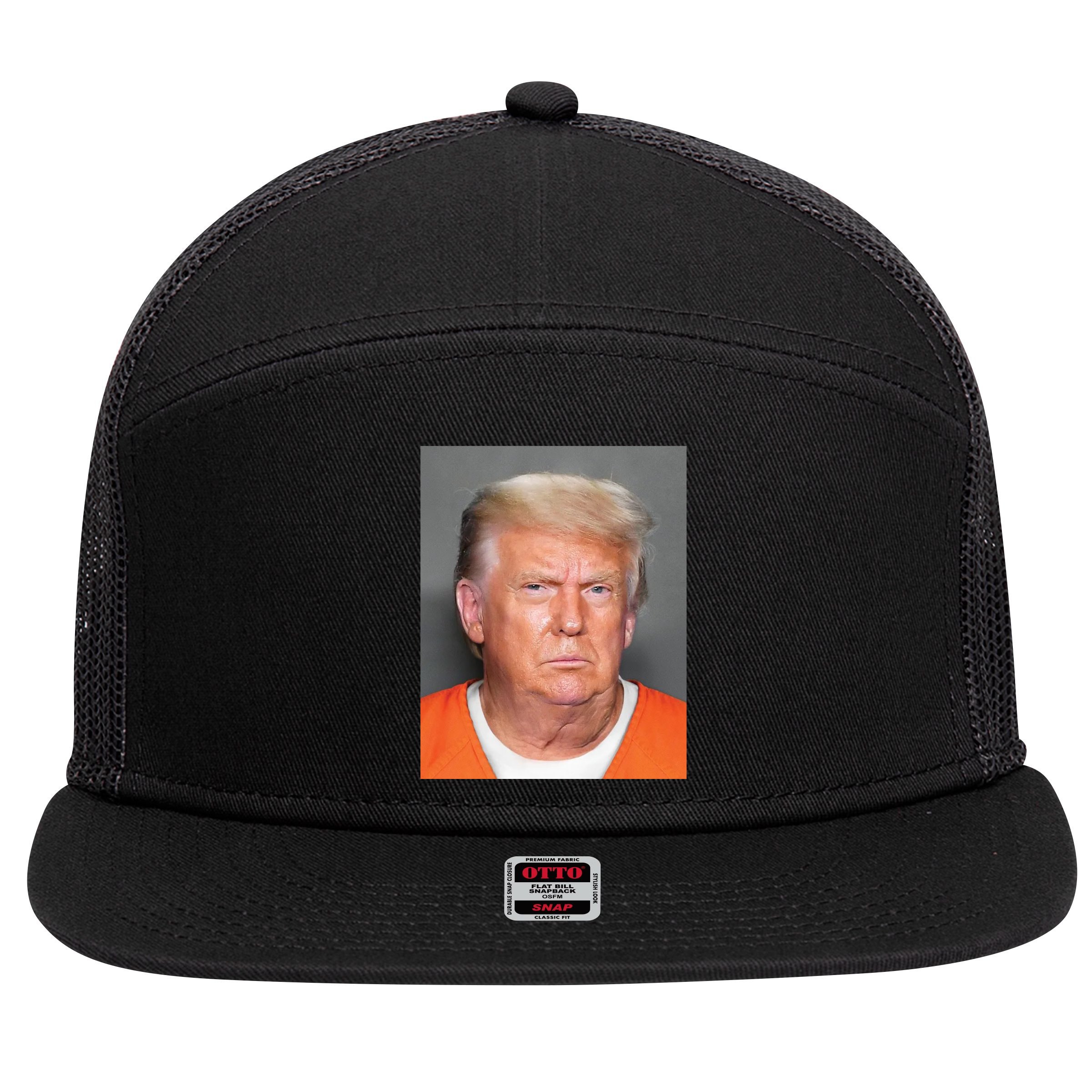 Donald Trump Mugshot MAGA 2024 Front & Back 7 Panel Mesh Trucker Snapback Hat