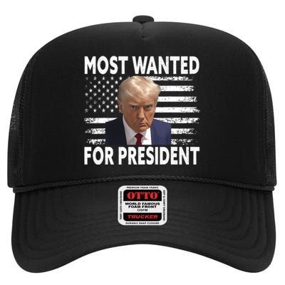 Donald Trump Most Wanted For President 2024 Pro Mugshot High Crown Mesh Back Trucker Hat