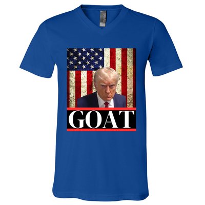 Donald Trump Mug Shot Goat Design American Flag Maga Funny Gift V-Neck T-Shirt