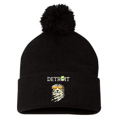 Distressed Tiger Mascot Cool Detroit Tiger Pom Pom 12in Knit Beanie