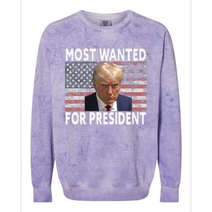 D.onald Trump Most Wanted For President 2024 Pro M.ugshot Colorblast Crewneck Sweatshirt