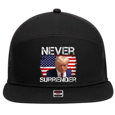 Donald Trump Mug Shot Never Surrender 2024 7 Panel Mesh Trucker Snapback Hat