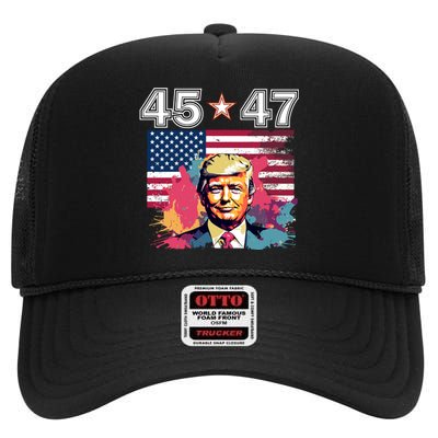 Donald Trump Make America Great Again 45 And 47 High Crown Mesh Back Trucker Hat