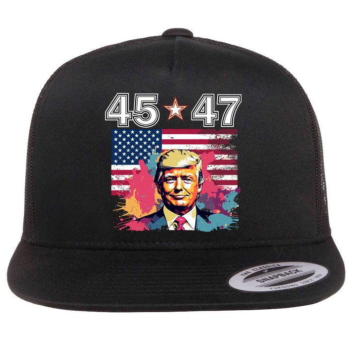 Donald Trump Make America Great Again 45 And 47 Flat Bill Trucker Hat