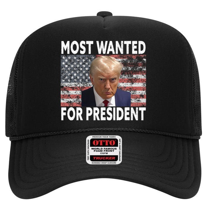 Donald Trump Most Wanted For President 2024 Pro Mugshot High Crown Mesh Back Trucker Hat