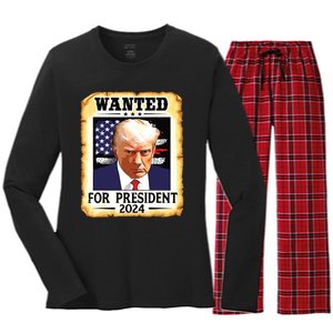 Donald Trump Mug Shot Wanted For Us President 2024 Women's Long Sleeve Flannel Pajama Set 