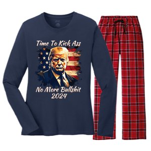 Donald Trump My President 2024 America Mug Shot Flag Funny Women's Long Sleeve Flannel Pajama Set 