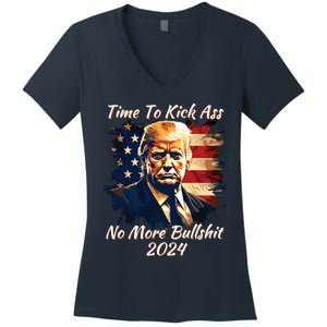 Donald Trump My President 2024 America Mug Shot Flag Funny Women's V-Neck T-Shirt