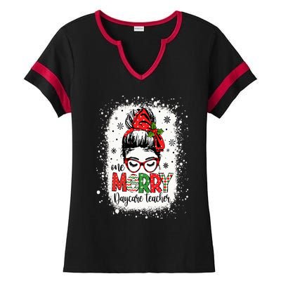 Daycare Teacher Messy Bun Preschool Teacher Christmas Ladies Halftime Notch Neck Tee