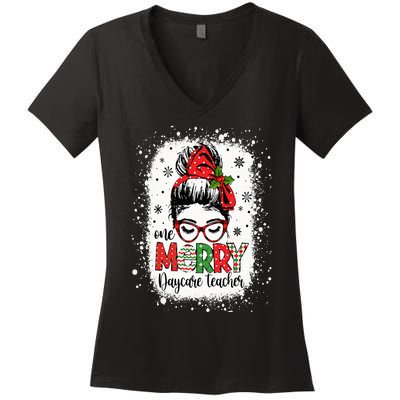 Daycare Teacher Messy Bun Preschool Teacher Christmas Women's V-Neck T-Shirt