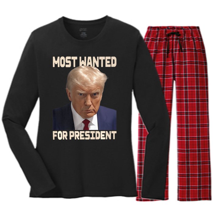 Donald Trump Most Wanted For President 2024 Pro Trump Women's Long Sleeve Flannel Pajama Set 