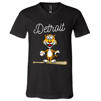 Distressed Tiger Mascot for Detroit Baseball Fans V-Neck T-Shirt